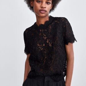 ZARA Trafaluc Lace Crochet Short Sleeve Crop Top Black Scalloped